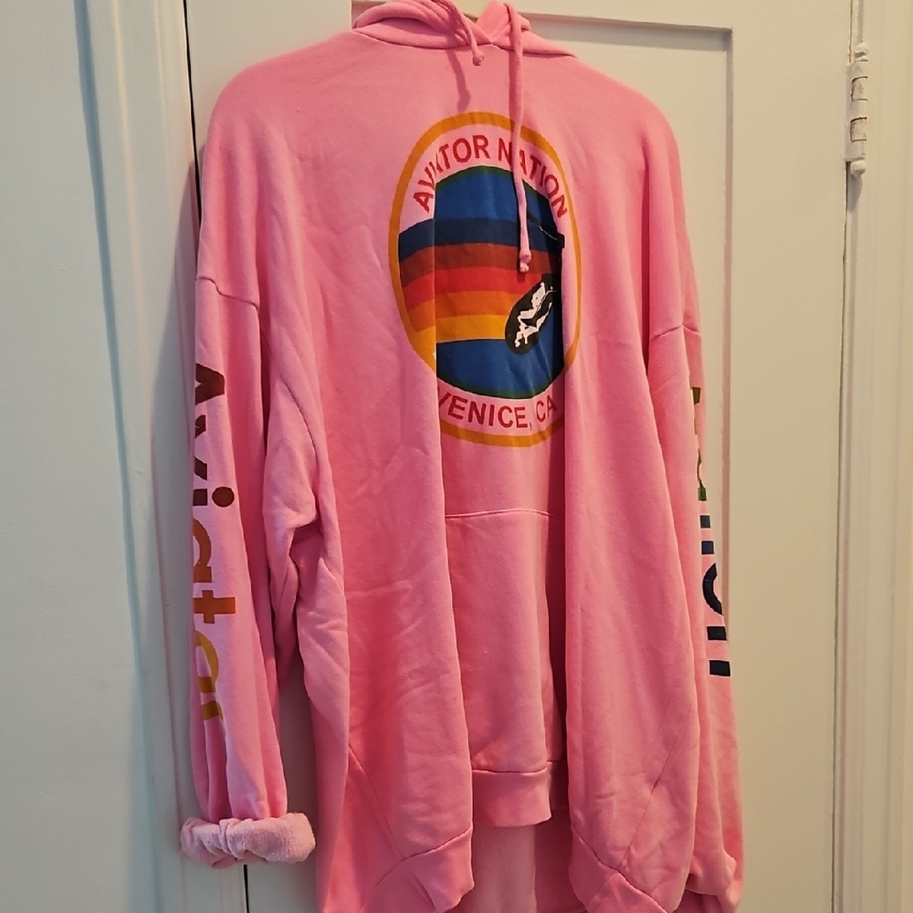 Aviator Nation Pink Hoodie with Rainbow Logo